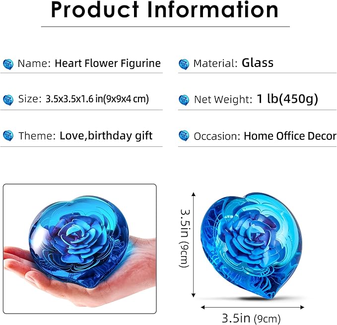Hand Blown Glass Heart Flower Paperweight for Office Desk,Home Decor Collectible.