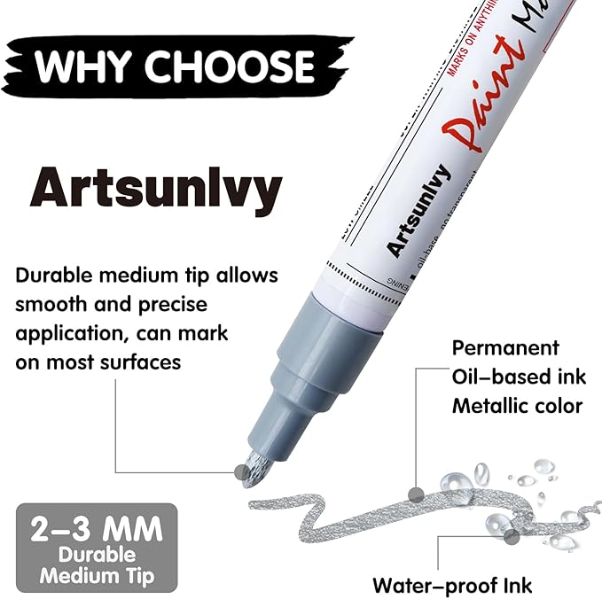 Silver Paint Pens Paint Markers - 2 Pack Oil-Based Permanent Markers Medium Point,Waterproof Quick Dry Paint Pens for Metal,Rock,Wood,Fabric,Plastic,Canvas,Glass