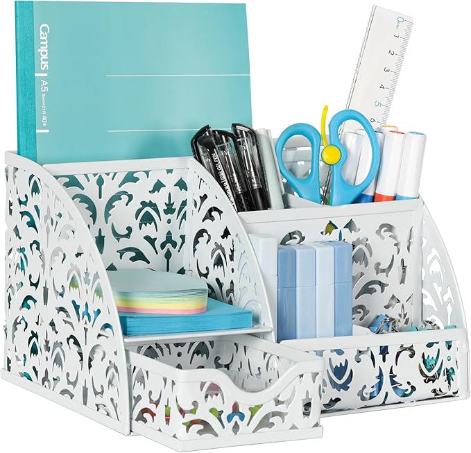 EasyPAG Pen Holder Desk Organizer with Drawer Pencil Cup for Desk 6 Compartments Metal Office Caddy Storage with Sticky Notes Holder for School Home Office, White