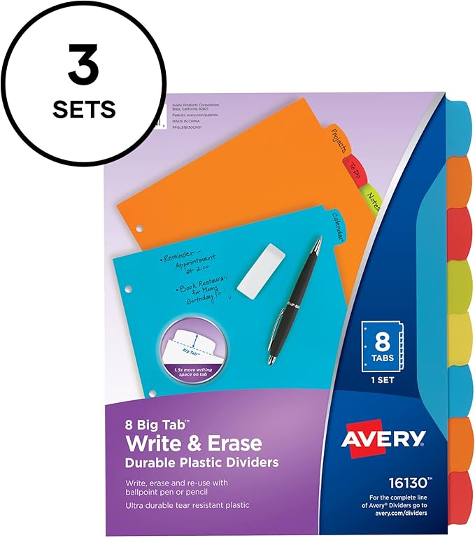 Avery Big Tab Write & Erase Durable Plastic Dividers, 8-Tab Set, Multicolor Brights, 3 Sets (21210)