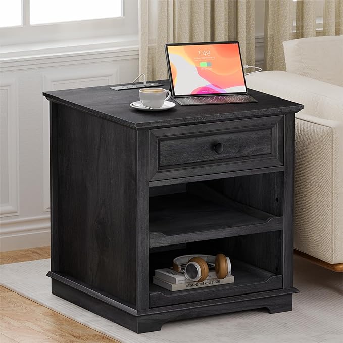 Lateral File Cabinet 3 Drawer File Cabinet with Charging Station, Printer Stand with Open Adjustable Storage Shelves, Lateral Filing Cabinet for Home Office, Black