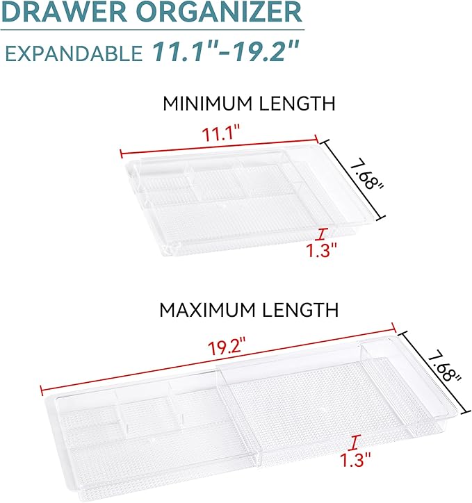 Oubonun Expandable Drawer Organizer 11.1” to 19.2” Width, Shallow Cosmetic Organizer 1.3” Height, 4 Packs, Clear Plastic Storage Trays for Dressing Table,Bathroom
