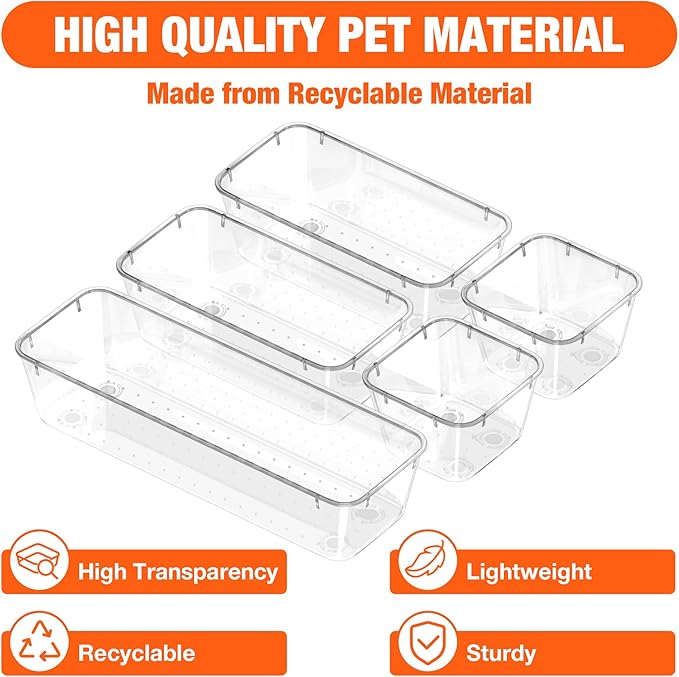 ValueMax 9 PCS Clear Plastic Drawer Organizers Set with Non-Slip Pads, 3 Sizes Desk Drawer Organizer for Vanity, Kitchen, Bathroom and Office