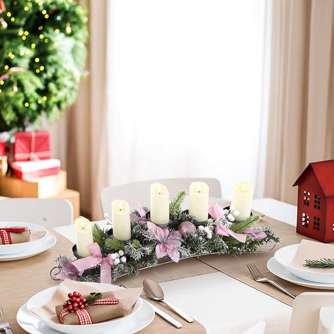 Yungyan Christmas Tabletop Centerpiece 30 Inch, Includes 5 Battery Operated LED Candle Holders, Pink Poinsettia Flowers, Pink Bow, Pine Cones and Base, Christmas Artificial Dinner Table Decorations