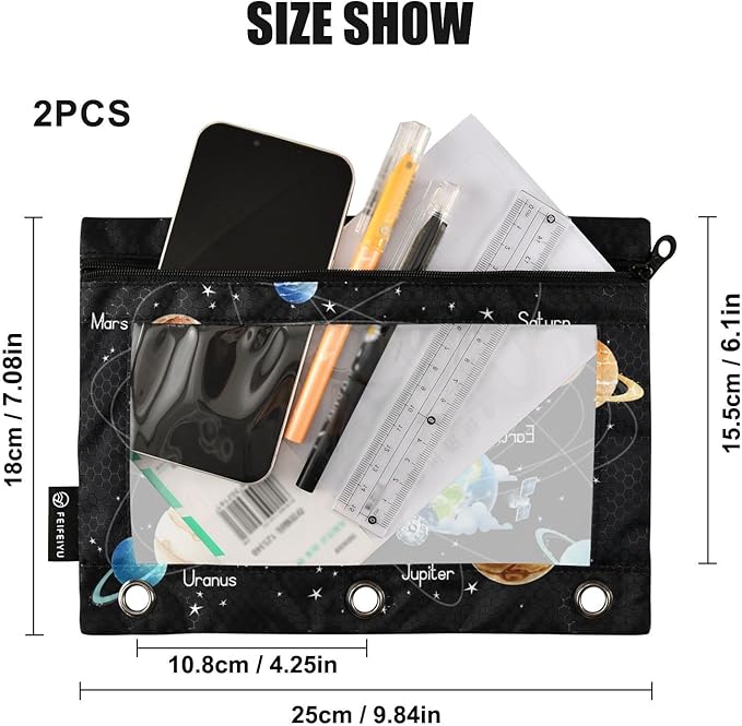 Solar System Pencil Pouch for 3 Ring Binder, 2 Pack Waterproof Pencil Bags Clear Window Zipper School Office Supplies