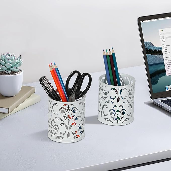 EasyPAG Metal Round Pencil Holder 2 Pack Pen Cup Holders Organizer for Desk, White
