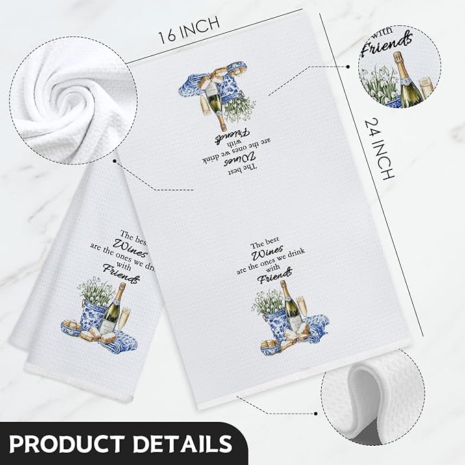 Chinoiserie Wine Kitchen Towels, Wine Lover Gifts Hand Towels for Kitchen Decor, grandmillennial Champagne Bottle Glass Decorative Dish Tea Towels for Home Bar, 16x24 Inch