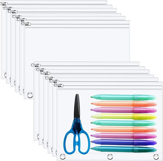 Lincia 24 Pack Clear Pencil Pouch for 3 Ring Binder Pencil Case with Metal Zipper 3 Ring Binder Pocket Inserts Bag 10 x 7'' Visible Cash Envelope with Re-enforced Grommet for College Office Supplies