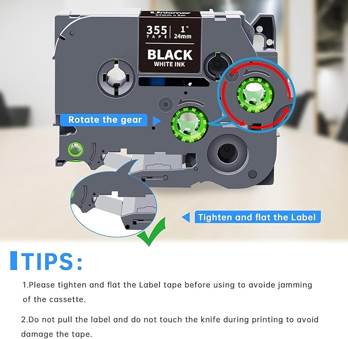 Unismar TZe-355 Compatible for Brother Ptouch 24mm 0.94 Laminated White on Black Label Tape TZ355 TZ Tape Work for PTD600 PT-P700 PT-2430PC PT-D600VP PT-D800W PT-P900W Label Maker, 1'' x 26.2', 4-Pack