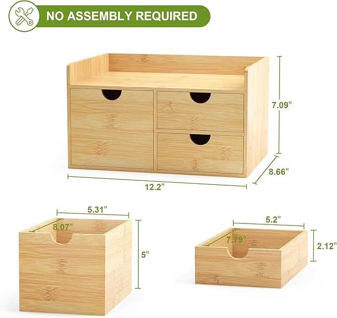 Desk Organizer with Drawers - Bamboo Desktop Organizer Storage | Wood Desk Drawers Organizer for Bills, Office Supplies, Cosmetics, Seals No Assembly Required (3 Drawer with Big Drawer)