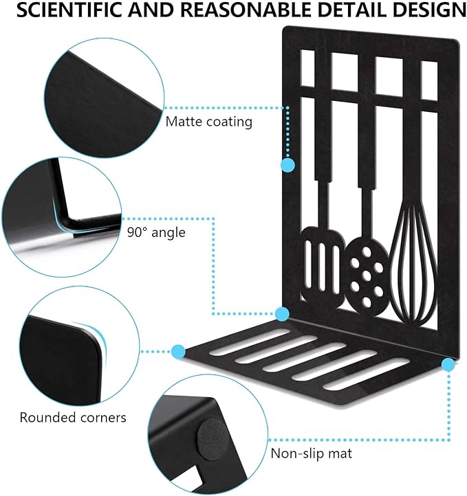Book Ends,Metal Bookend,Bookend Decorative Heavy Book Ends for Shelves, Home Decorative Bookends for Heavy Books,Non-Skid Black Book Holder for Kitchen Housewarming Cooking Lover Gifts