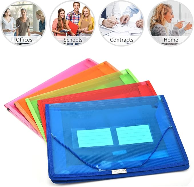 Expanding File Folder Document Organizer r with Flap and Cord Closure, Waterproof Transparent Document Bag, 2.8" Expansion, Letter A4 Expandable File Folder for Home School Office Organization，5 Pack