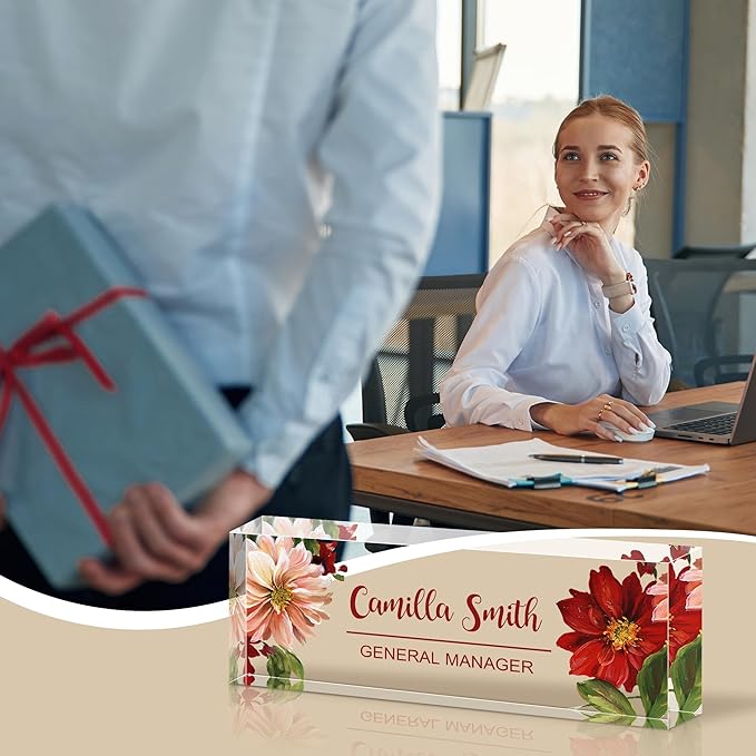 Ship Next Day Personalized Name Plate for Desk, Custom Acrylic Desk Name Sign, Office Appreciation Gifts for Women Men Coworkers Boss Teacher Employee (Flower-Lotus)