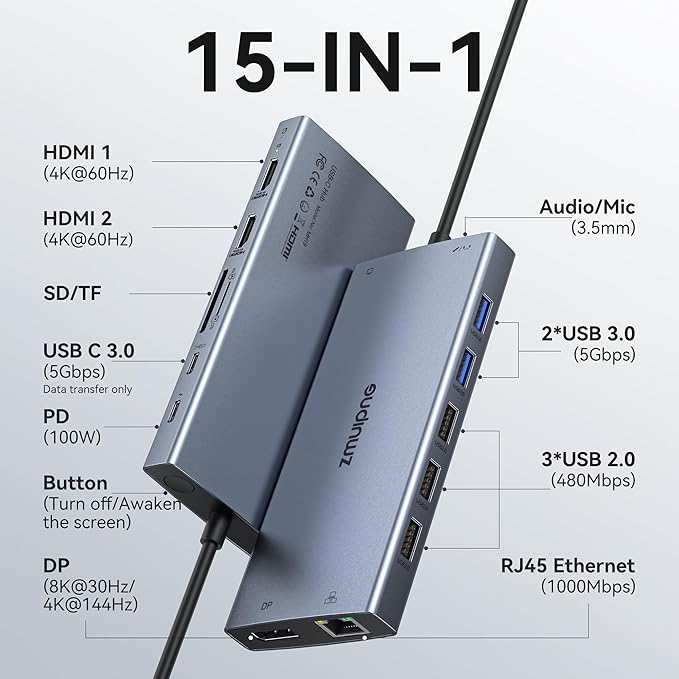 USB C Laptop Docking Station with 2 HDMI 4K@60Hz+DP 8K@30Hz for Dell HP Thinkpad Surface, 15 in 1 USB C Hub Triple Display Multiple Adapter, Dongle with USB A Port+Button+PD+Ethernet+SD/TF+Audio