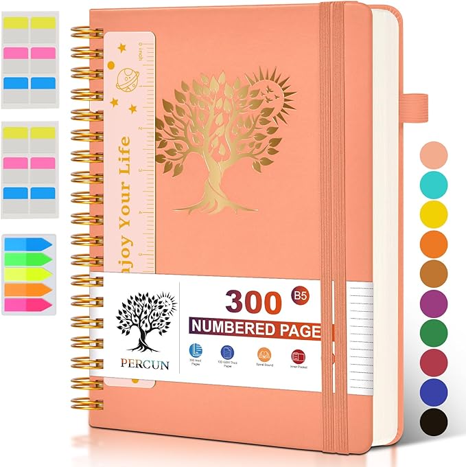 Large Spiral Notebook Journal for Women Men - 300 Numbered Lined Pages, College Ruled,B5 Hardcover Spiral Bound Notebook for School, Work, Note Taking, Writing, Leather Spiral Journal 7"x10"