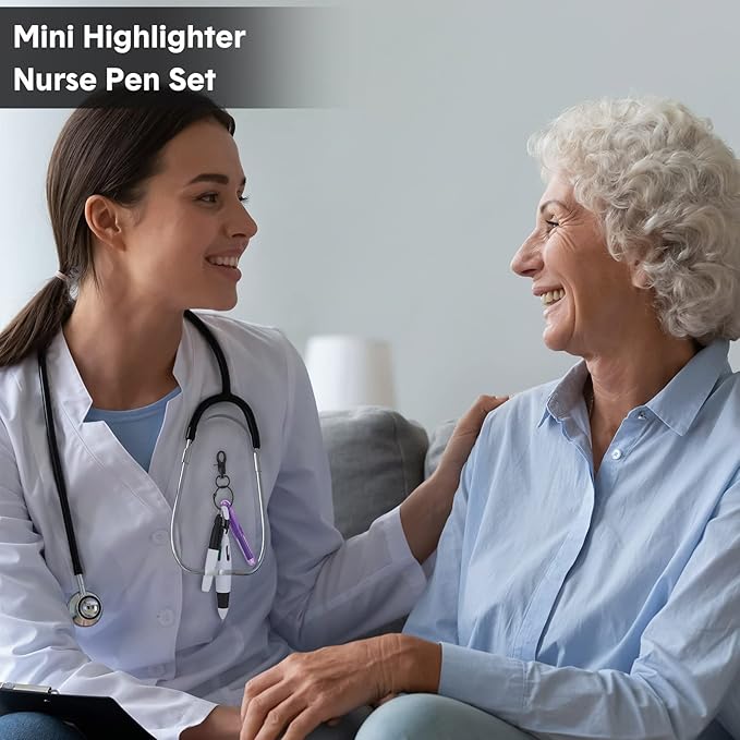 Sherr 25 Sets Retractable Nurse Pens with Mini Highlighter Permanent Marker Keychain Clip Badge Reel Pen Accessories for Nursing Students Medical Staff Office Stocking Stuffer Gift(Black Purple)