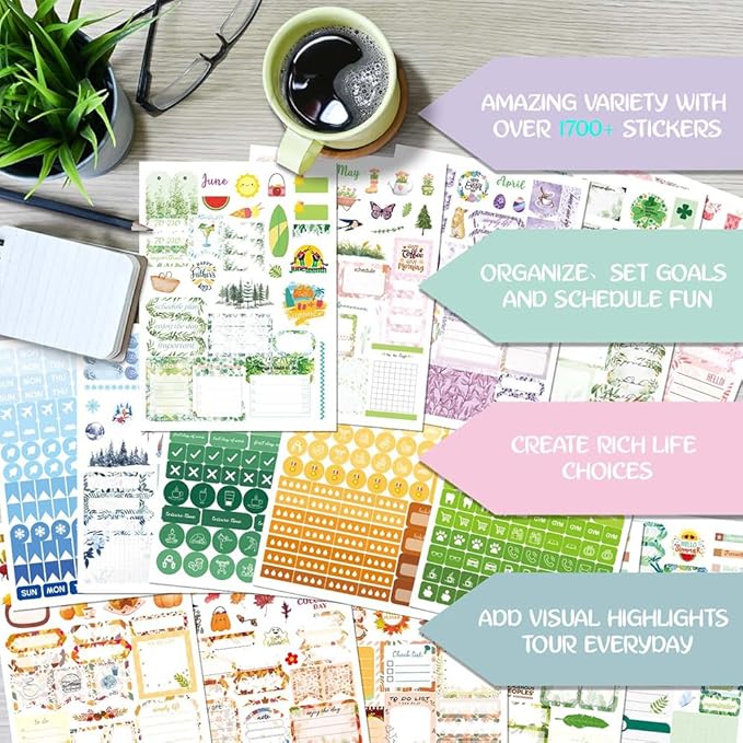 1700+ Planner Stickers Book, 24 Sheets Waterproof Repositionable Stickers for Journal, Bullet Planner, Scrapbook & Calendar, Functional Decorative Sticker Set & Gift (Seasonal Plants)
