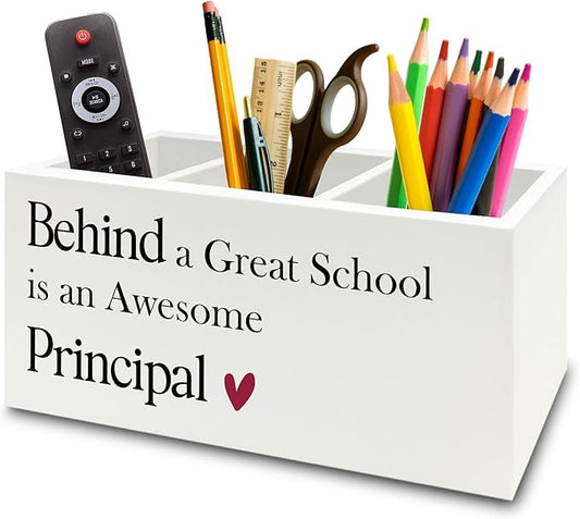 Principal Gifts Pen Pencil Holder Organizer for Desk, Gifts for Principals Women Men, Behind a Great School Is an Awesome Principal Wooden Box Sign for Office Workplace Desk Tabletop Decorations