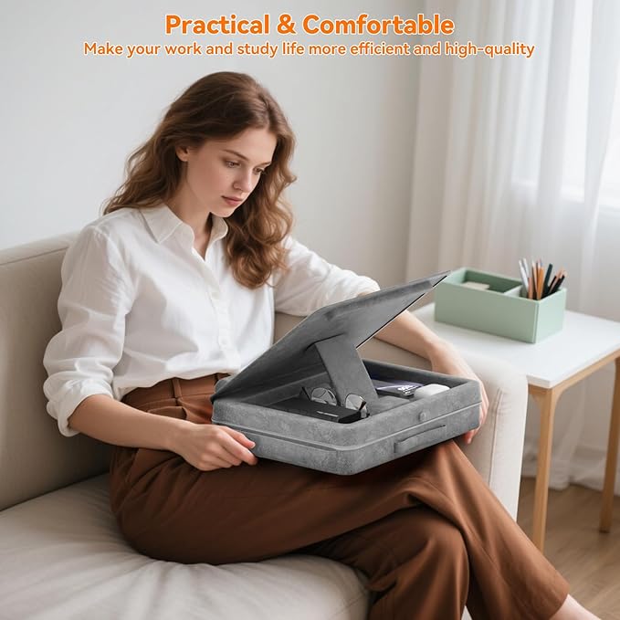 KDD Laptop Lap Desk with Cushion, Laptop Table with Storage for Bed & Sofa, Adjustable Lap Pillow Stand with Anti-Slip Strip & Cell Phone/Tablet Slot for Home Office College