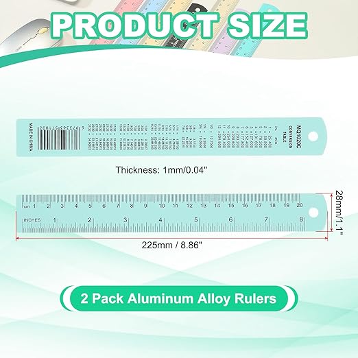 PATIKIL 20cm/8" Metal Ruler, 2 Pack Aluminum Alloy Rulers with Centimeters, Millimeters, Inches and Conversion Table Straight Edge Ruler for Writing Machinist Drafting, Blue Green