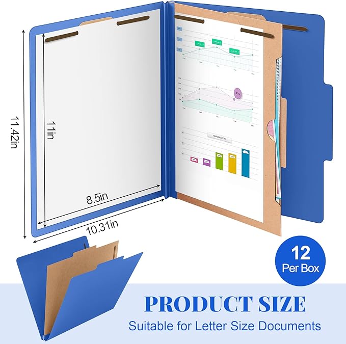 Skyygemm 12 Pack Classification File Folders Bulk with Divider and 2" Expansion, Pressboard Folder with 2 Prong Fasteners for Employee Records Medical Charts Office Document Organization(Dark Blue)