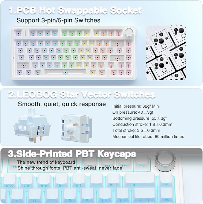 AULA F75 Pro Wireless Mechanical Keyboard,75% Hot Swappable Custom Keyboard,RGB Backlit,Pre-lubed Linear Switches,Side Printed PBT Keycaps Mechanical Gaming Keyboards,Gradient Blue