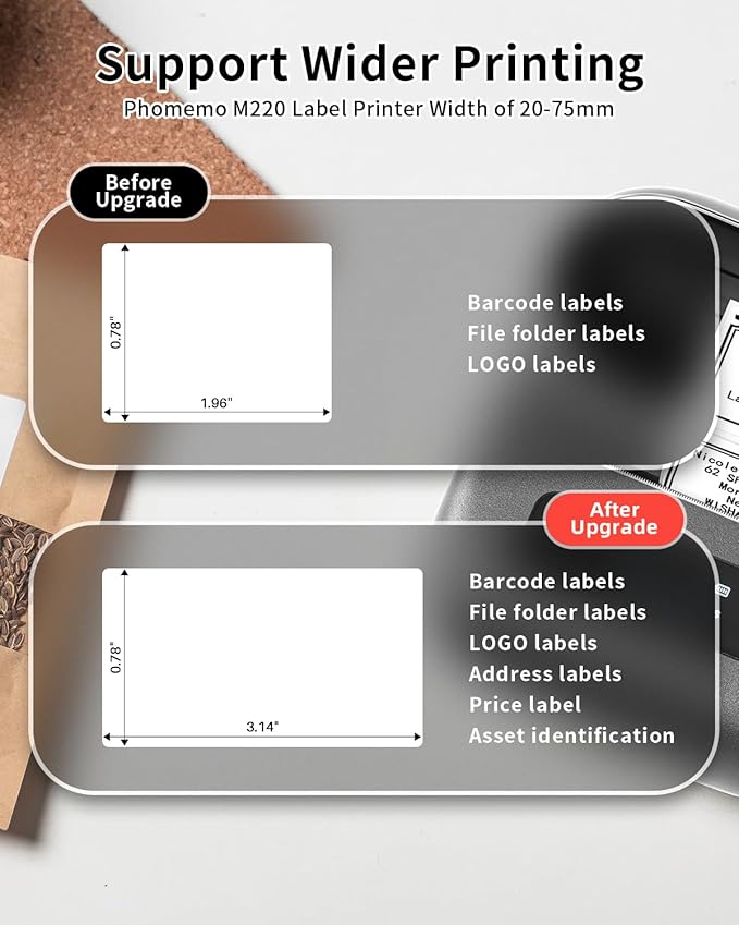 Phomemo M220 Label Maker, Bluetooth Barcode Label Printer, Thermal Sticker Maker Machine for Barcode, Address, Tag Labeling, Compatible with Phone & Laptop