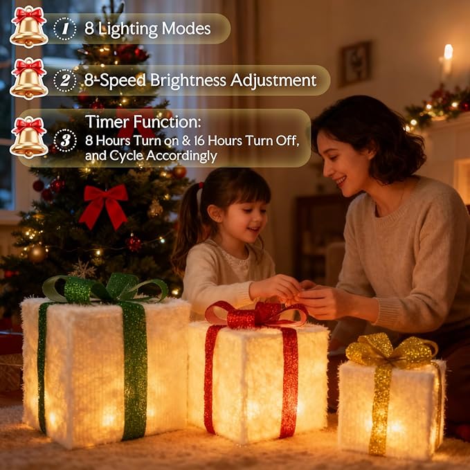 Set of 3 Christmas Lighted Gift Boxes, Large Gift Boxes for Christmas Decorations Outdoor, 50 LED Xmas Box Decorations, Plug-in Warm White Present Box for Indoor/Outdoor, Xmas Tree, Home