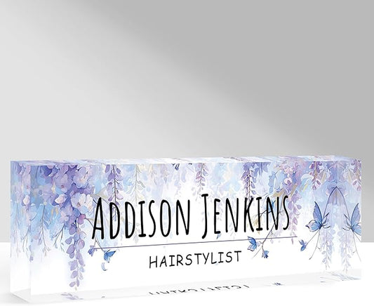 Custom Name Plate for Desk, Personalized Acrylic Office Name Sign with Name & Title, Elegant Desk Decor for Women Men, Employee Appreciation Gift (Wisteria)