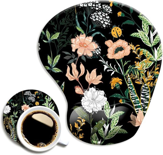Dooke Ergonomic Mouse Pad with Wrist Support, Cute Mouse Pads with Non-Slip PU Base for Home Office Working Studying Easy Typing & Pain Relief Black Floral