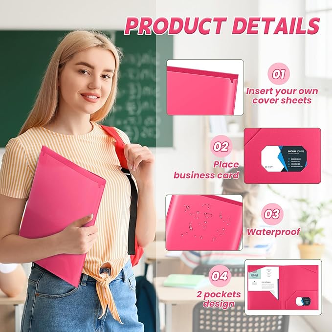Henoyso 60 Pcs Plastic Folders with Clear Front Pockets Heavy Duty File Folders with 2 Pockets and Card Slot for Student Communication School Office Presentation Report (Hot Pink)