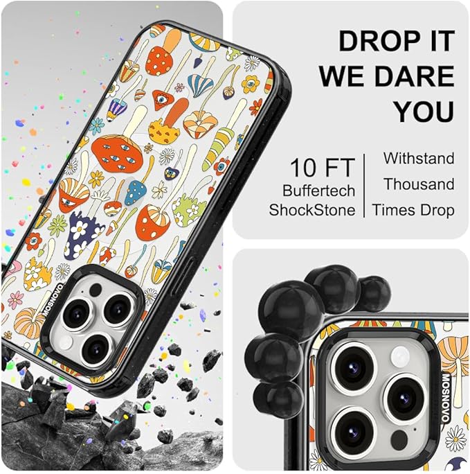MOSNOVO Magnetic Case for iPhone 15 Pro Max, 10ft Military-Grade Protection, Compatible with Magsafe, Shockproof Phone Case for iPhone 15 Pro Max - Mushroom Art - Clear Black