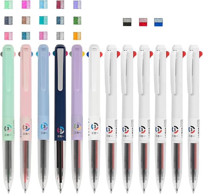 12 PCS Multicolor Gel Pen, 0.5mm Colored Pens, 3-in-1 Multicolor Ink Pens, 18 Colors Retractable Pen for Journaling Planner Office, Office Supplies