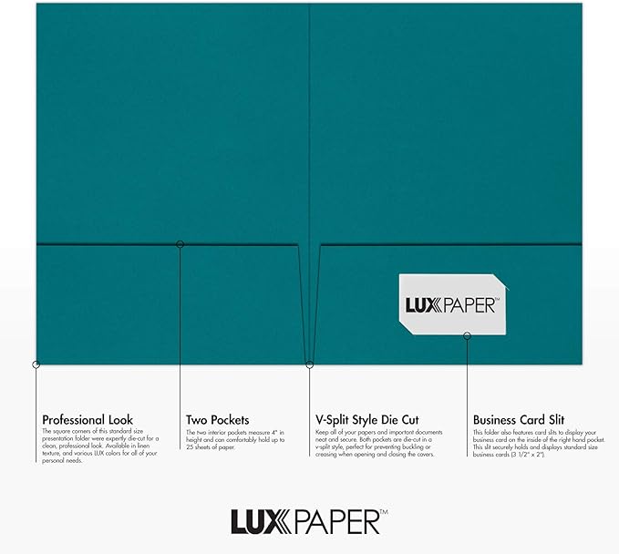LUXPaper 9" x 12" Presentation Folders | Two Pocket | Teal | 100lb. Cover | 25 Qty