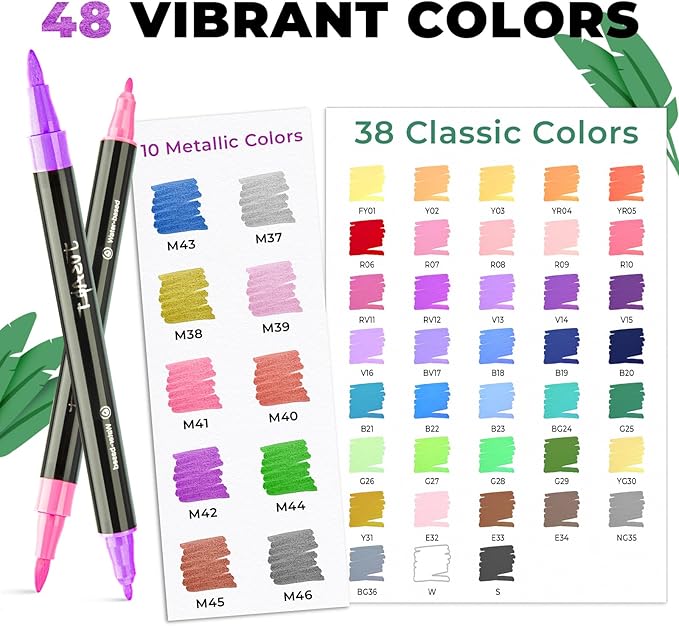 JusArt 48 Colors Acrylic Paint Markers Set With Bag, Dual Tip with Brush Tip and Fine Tip Paint Pens for Rock Painting, Wood, Egg, Canvas, Glass, Stone, Ceramic, DIY Crafts Professional Art Supplies