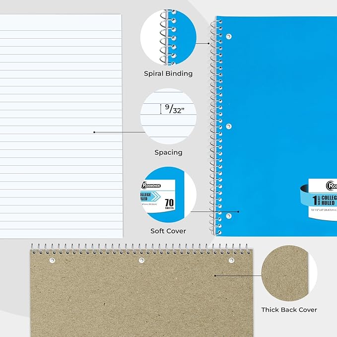 Spiral Notebook, 24 Pack, 1 Subject, College Ruled, 70 Sheets, 8 x 10-1/2",Bulk College Ruled Spiral Notebook for School, 3 Hole Punched, Single Subject Spiral Notebook Bulk, Assorted Colors
