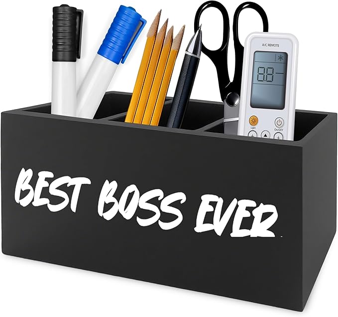 Boss Gifts Pen Pencil Holder Organizer for Desk, Bosses Leader Appreciation Gifts, Best Boss Ever Wooden Box Signs Decorations for Home Workplace Office Desk Tabletop