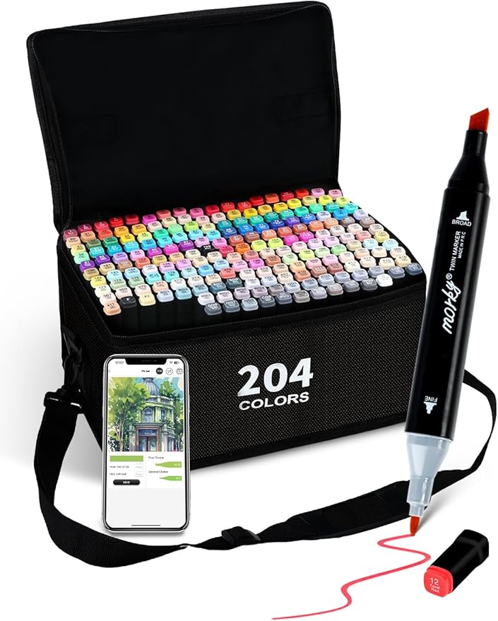 204 Colors Alcohol Markers with Free App, Chisel & Fine Tip Alcohol-Based Marker Set for Adults Kids, Dual Tip Artist Markers for Drawing, Coloring Illustration, Painting and Great Gift Idea