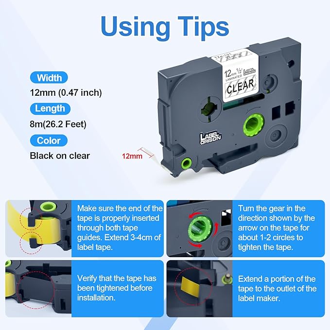 Label Orison TZe-131 Label Maker Tape Clear, Replacement for Brother P-Touch Label Tape Tz Tapes 12mm 0.47 Laminated for PT-D210 PT-D220 PT-H110, Black on Clear, 1/2''(12mm) x 26.2'(8m), 2PK