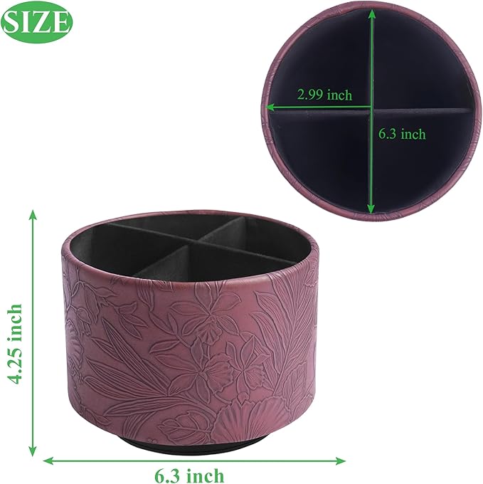 Hennaja Round Leather Art Supply Organizer,Remote Control Holder,360 Degree Spinning,Multi-Functional Pencil Holder,4 Compartments Desktop Stationary Organizer(1-Carved Dark Brown)