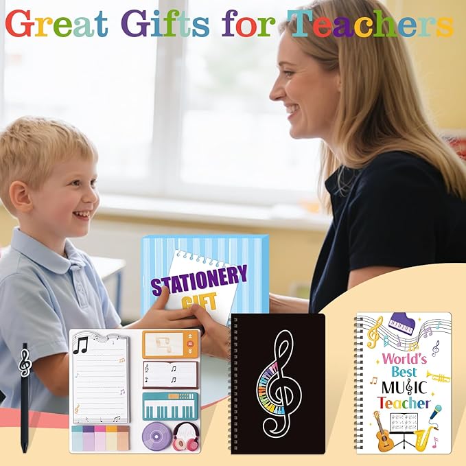 B1ykin Stationery Gift Set - 3Pcs Notebook Sticky Notes, A5 Spiral Notebooks & 550 Sheets Cute Sticky Notes with Pens Kit for Office School Teacher Thanksgiving Supplies (Music Teacher)