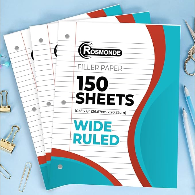 Loose Leaf Paper, 450 Sheets, 3 Pack, 56 gsm Wide Ruled Sheets, 8" x 10.5", Bulk Notebook Paper, 3 Hole Punched, 150 Sheets/Pack, Wide Ruled Paper for Binders, Loose Leaf Office Paper, White
