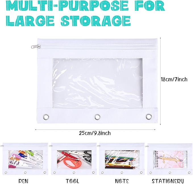 Marspark 30 Packs Pencil Pouch 3 Ring Binder Pen Pouch Cloth Pencil Pouches Zipper Pen Case Bag with Clear Window for School Office Writing Supplies Gifts (White)