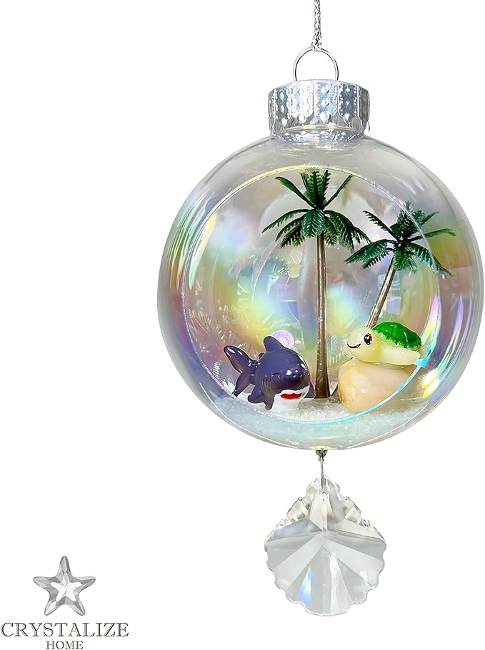 Shark & Turtle Christmas Ornament - Handmade Shatterproof Decorations for Indoor Outdoor Xmas Tree - Clear Ball Ornaments with Magnetic Crystal - Great Gift or Stocking Stuffer for Mom, Sister, Friend