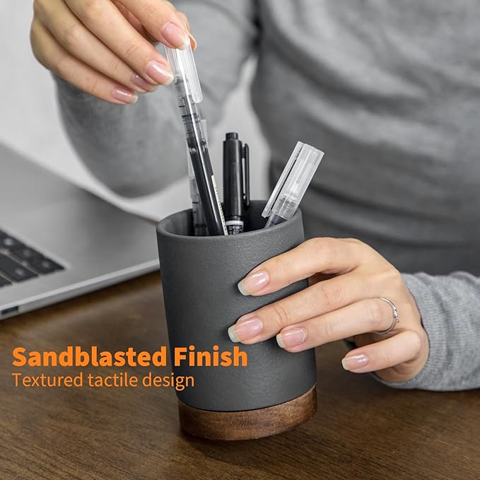 Pen Holder for Desk, Ceramic Pencil Organizer & Makeup Brush Holder, Office Decor and Desk Accessories，Perfect Office Organization,Teacher Supplies (Dark Grey, Set / 1)