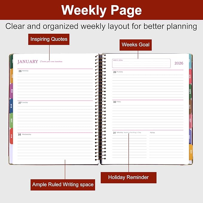 2026 Planner, Weekly and Monthly Calendar Planner Book,Dec 2025 - Dec 2026, Leather Hardcover Spiral Planner with Monthly Tabs, Notes Pages, Perfect for Women & Men, A4 (9.6" x 11.2") - Rust Brown