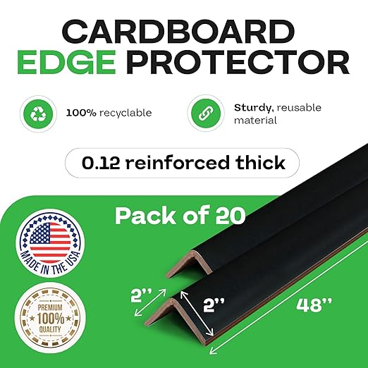 IDL Packaging 2” x 2” x 48” Black Cardboard Edge Protector (Pack of 20) - Corner Protectors for Shipping, Storage, & Moving – Reinforced Corner Guard Protection for Pallets, Wall Corners, & Furniture