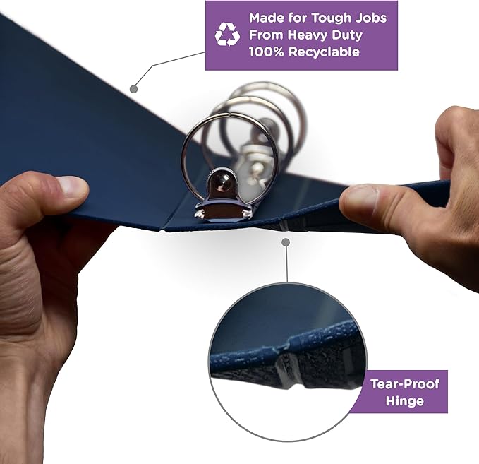 Carstens 4-Inch Heavy Duty 3-Ring Binder - Side Opening, Navy Blue, Durable Plastic, Precision No-Gap Rings, Waterproof Cover, No Pockets, Holds 600 US Letter Sheets, BPA-Free, Made in USA (1849-3R)