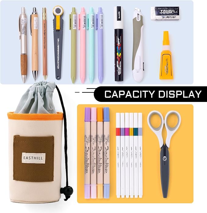 EASTHILL Desk Organizer Pencil Holders Pen Case Pouch for Girls Home School and Office Supplies-Khaki