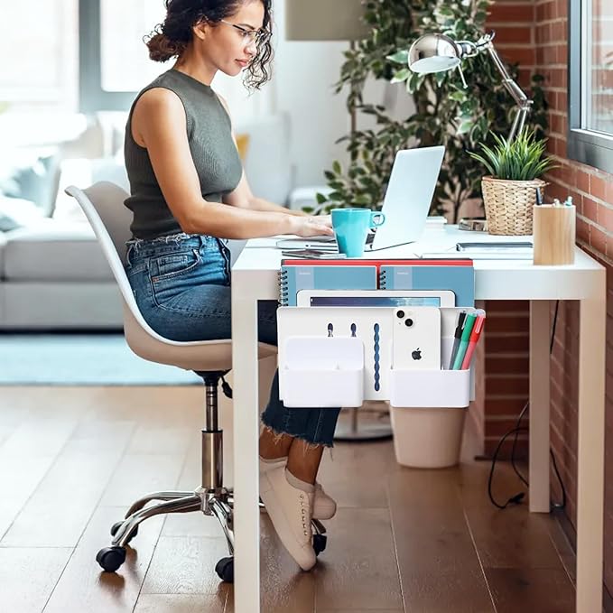 MAXECHO Desk Side Storage, Under Desk Laptop Mount, Table Side Hanging File Organizer, No Drill Clamp On Cable Management Tray, Laptop Holder with Magnetic Pen Holder for Office and Home, Load 22 Lbs